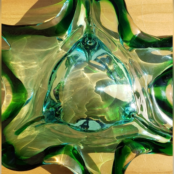 Vintage Handblown Green & Blue Glass Art Deco Mid-Century Modern Ashtray Bowl - Picture 8 of 12